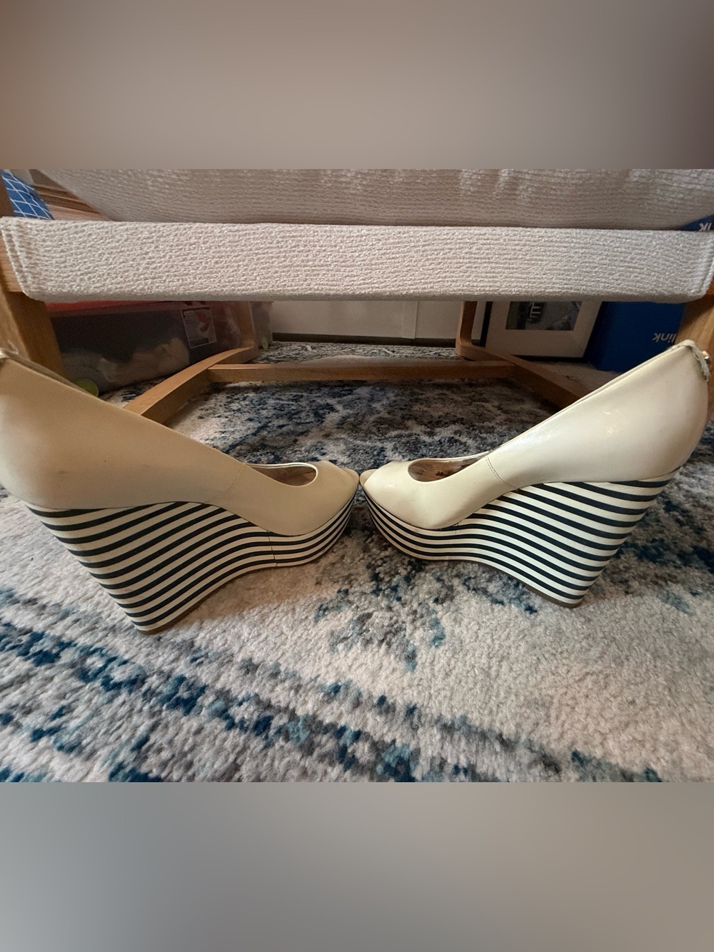 Cream Striped Wedge Pumps - Women